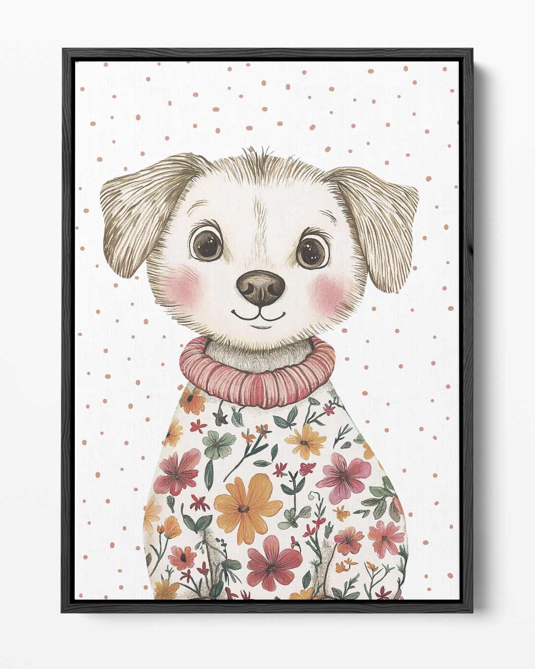 Vrolijke Pup in Bloemenjas Kunstwerk-canvas-dibond-plexiglas-wanddecoratie-WallArtistic