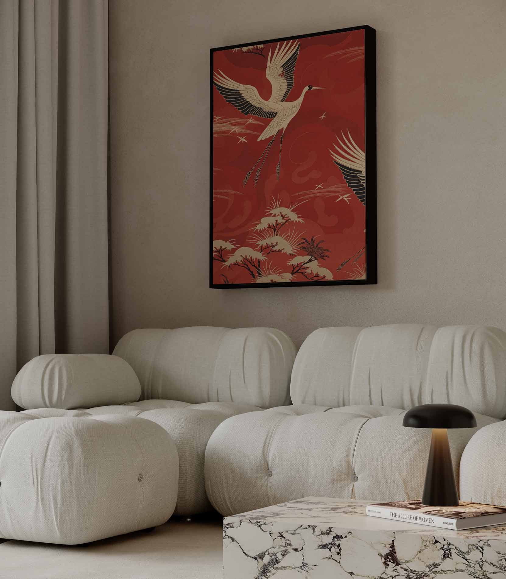 Vliegende Kraanvogels in het Rood Kunstwerk-canvas-dibond-plexiglas-wanddecoratie-WallArtistic