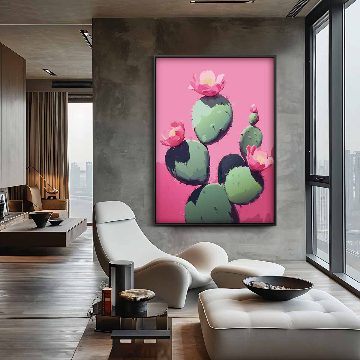 Cactus Bloei op Roze Achtergrond Kunstwerk-canvas-dibond-plexiglas-wanddecoratie-WallArtistic