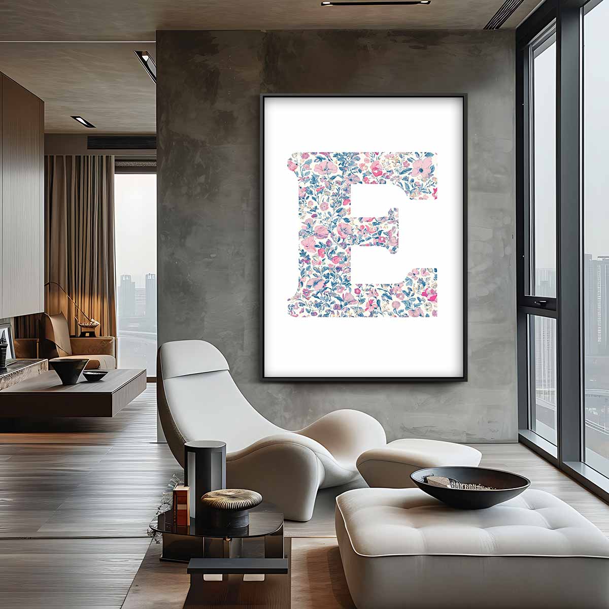 Bloemige Letter E Kunstwerk-canvas-dibond-plexiglas-wanddecoratie-WallArtistic