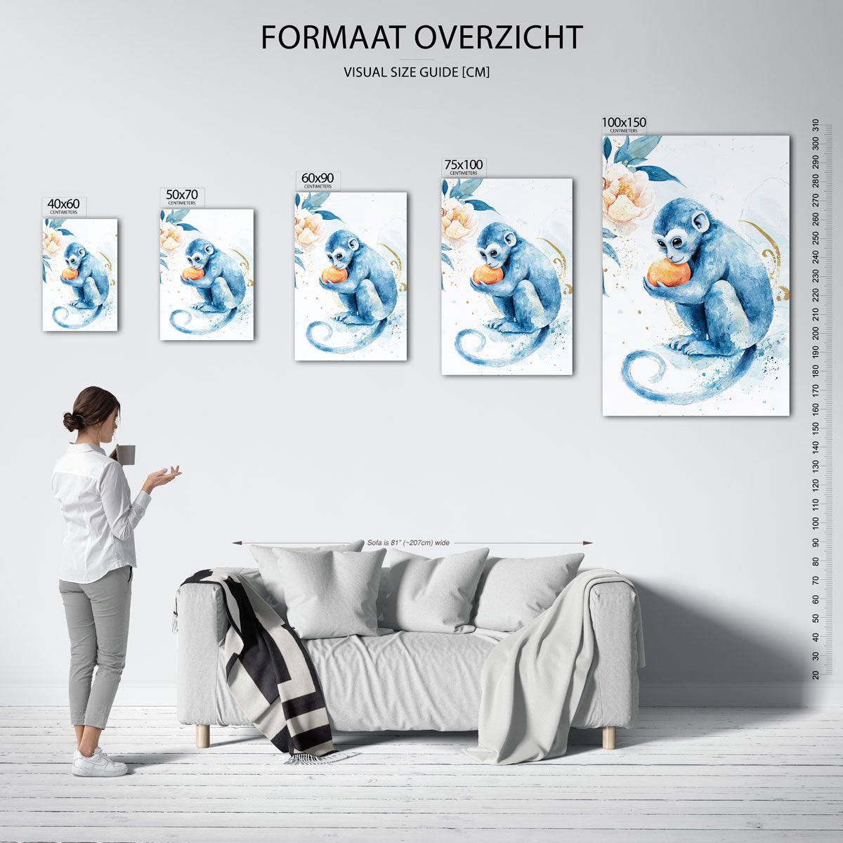 Speelse blauwe aap Kunstwerk