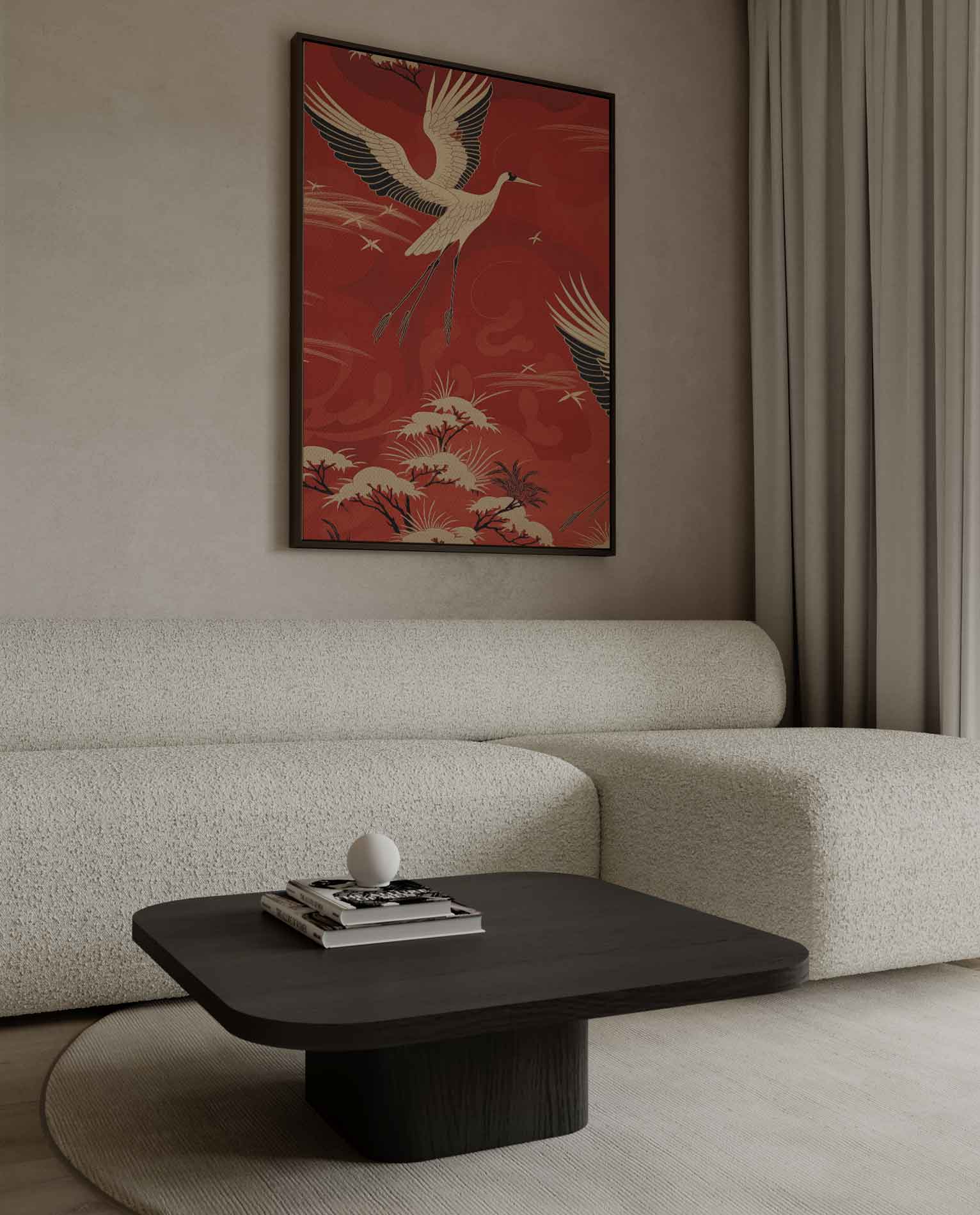 Vliegende Kraanvogels in het Rood Kunstwerk-canvas-dibond-plexiglas-wanddecoratie-WallArtistic