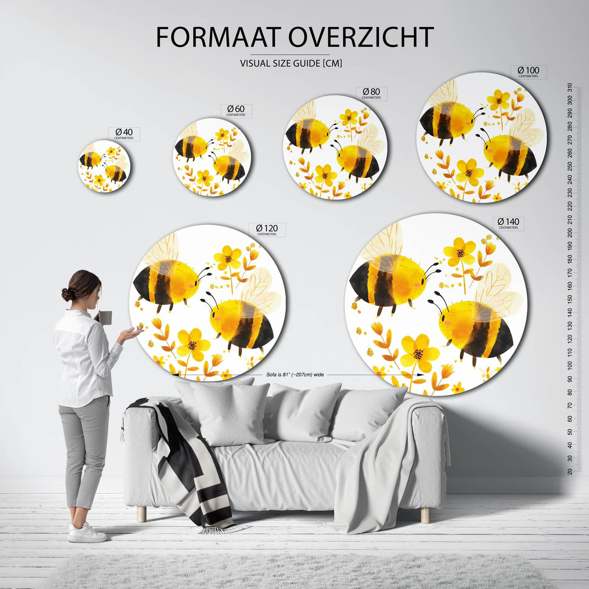 Bij en bloemen Muurcirkel – extra productweergave – Twee bijen met gele en zwarte strepen zijn omringd door gele bloemen.
