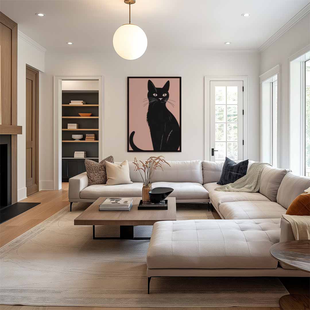 Stijlvolle Zwarte Kat Illustratie Kunstwerk-canvas-dibond-plexiglas-wanddecoratie-WallArtistic