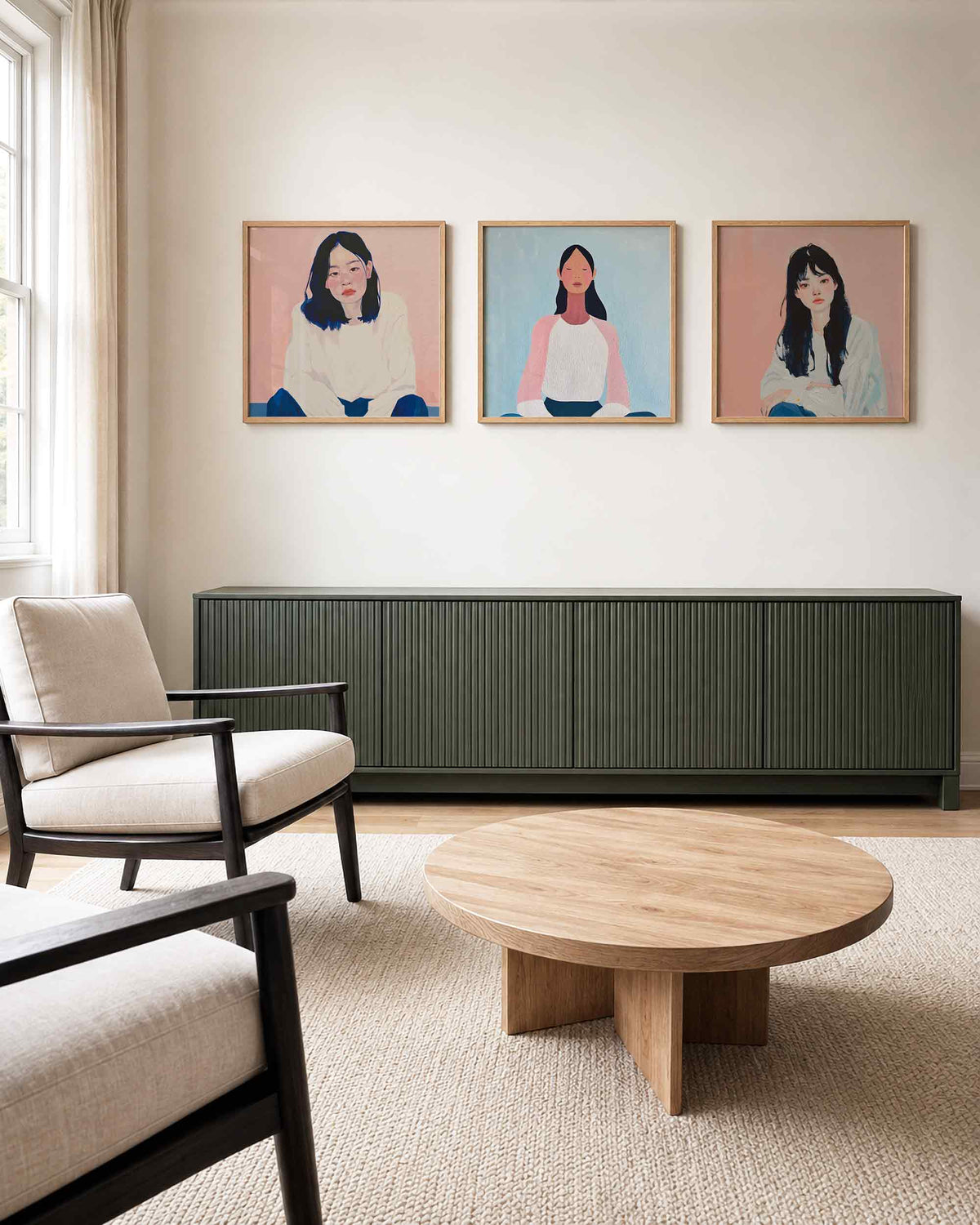 Interieurpresentatie van een driedelige vierkante posterset met vrouwelijke portretten