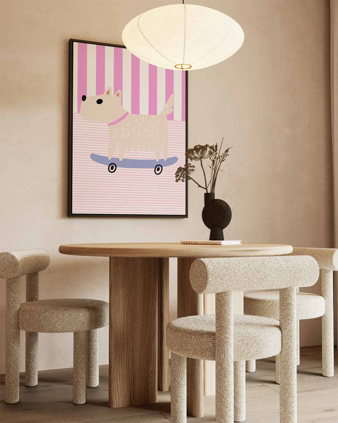 Skater Hondje op Roze Strepen Kunstwerk-canvas-dibond-plexiglas-wanddecoratie-WallArtistic