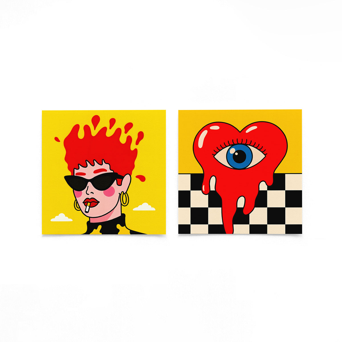 Twee vierkante posters met popart portretten op een gebroken witte achtergrond