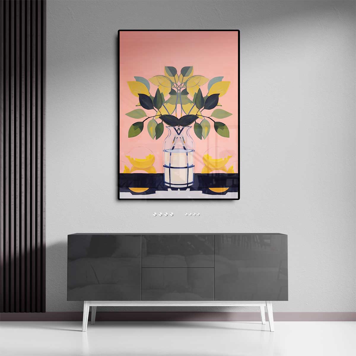 Vrolijke Vaas met Bladeren Kunstwerk-canvas-dibond-plexiglas-wanddecoratie-WallArtistic