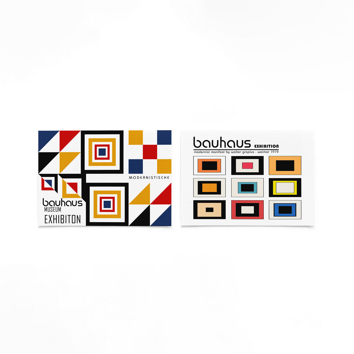 Twee landscape posters met primaire vlakken en kaderpatronen als vrijstaande productfoto