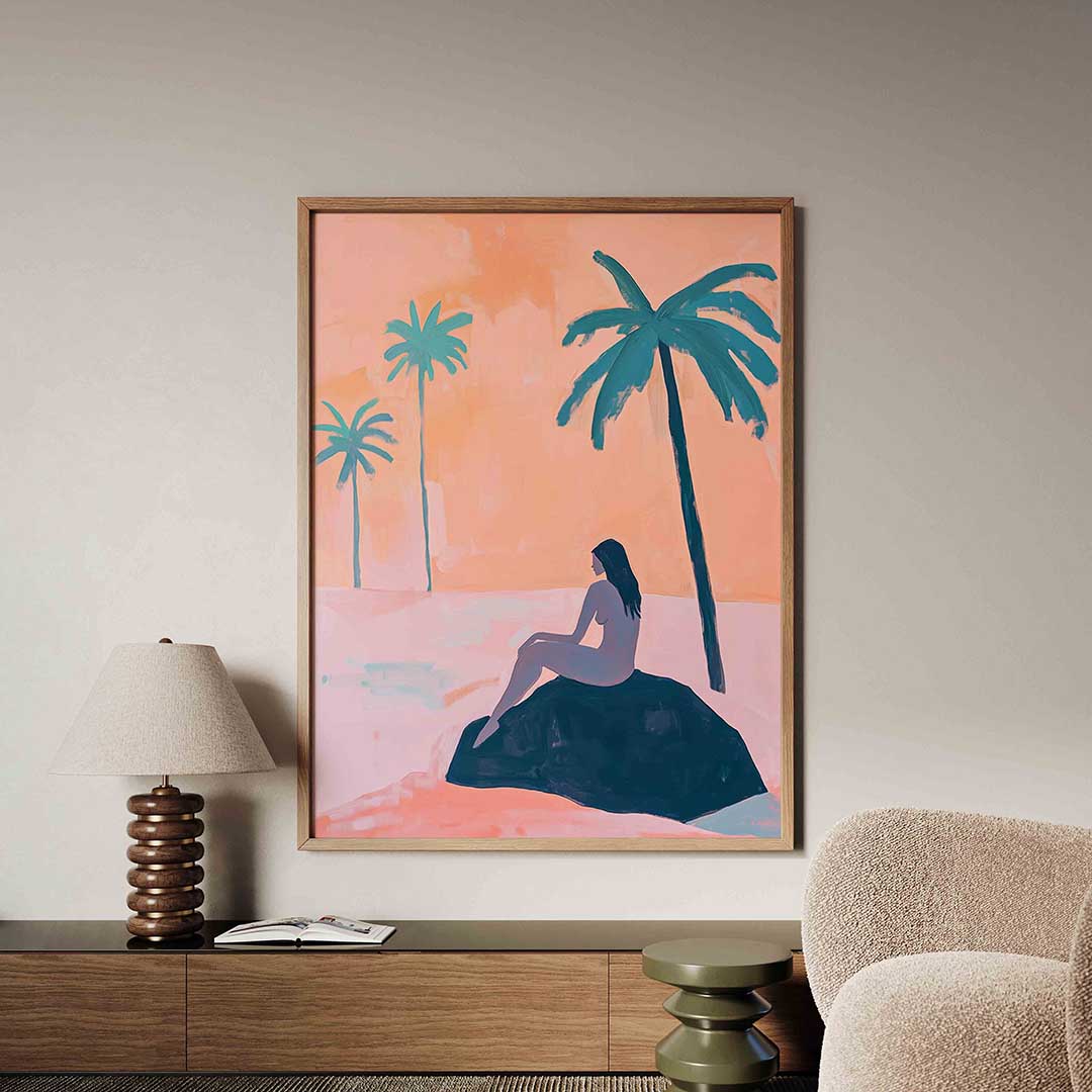 Zittende figuur met palmbomen Poster