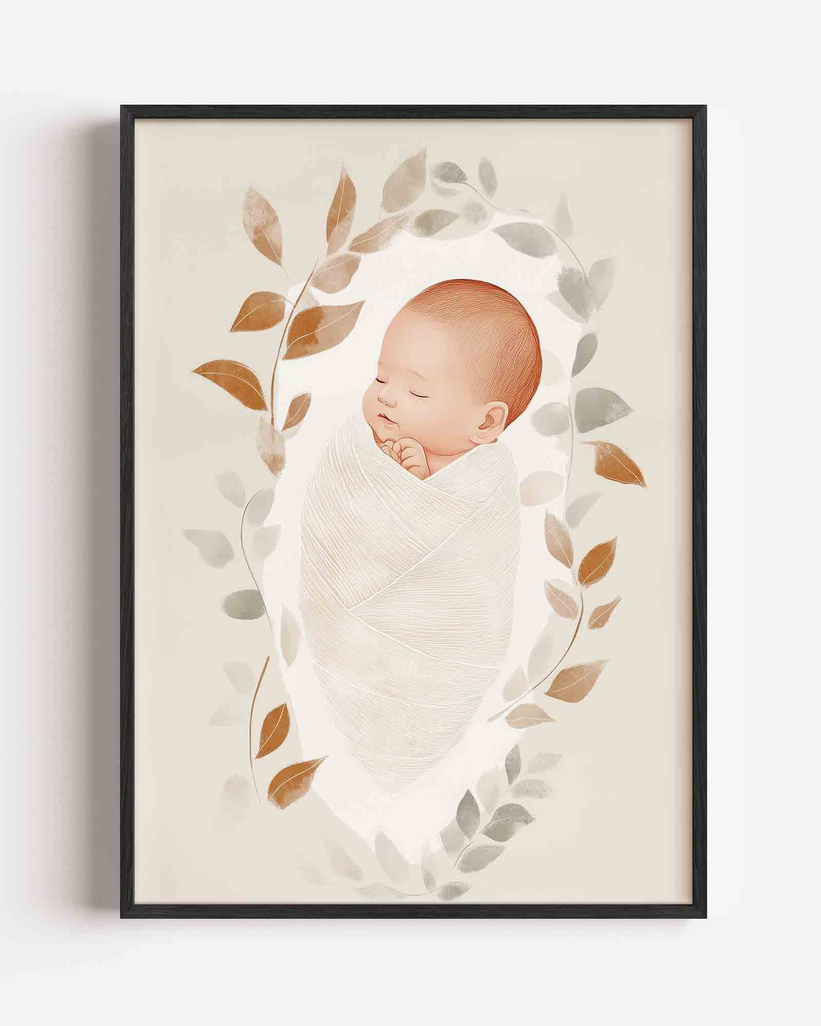 Slapende baby met bladeren Poster