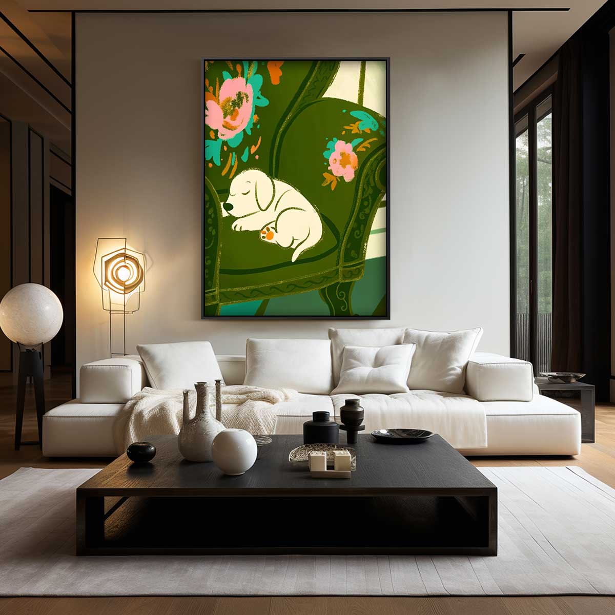 Slaapende Pup op Gebloemde Stoel Kunstwerk-canvas-dibond-plexiglas-wanddecoratie-WallArtistic