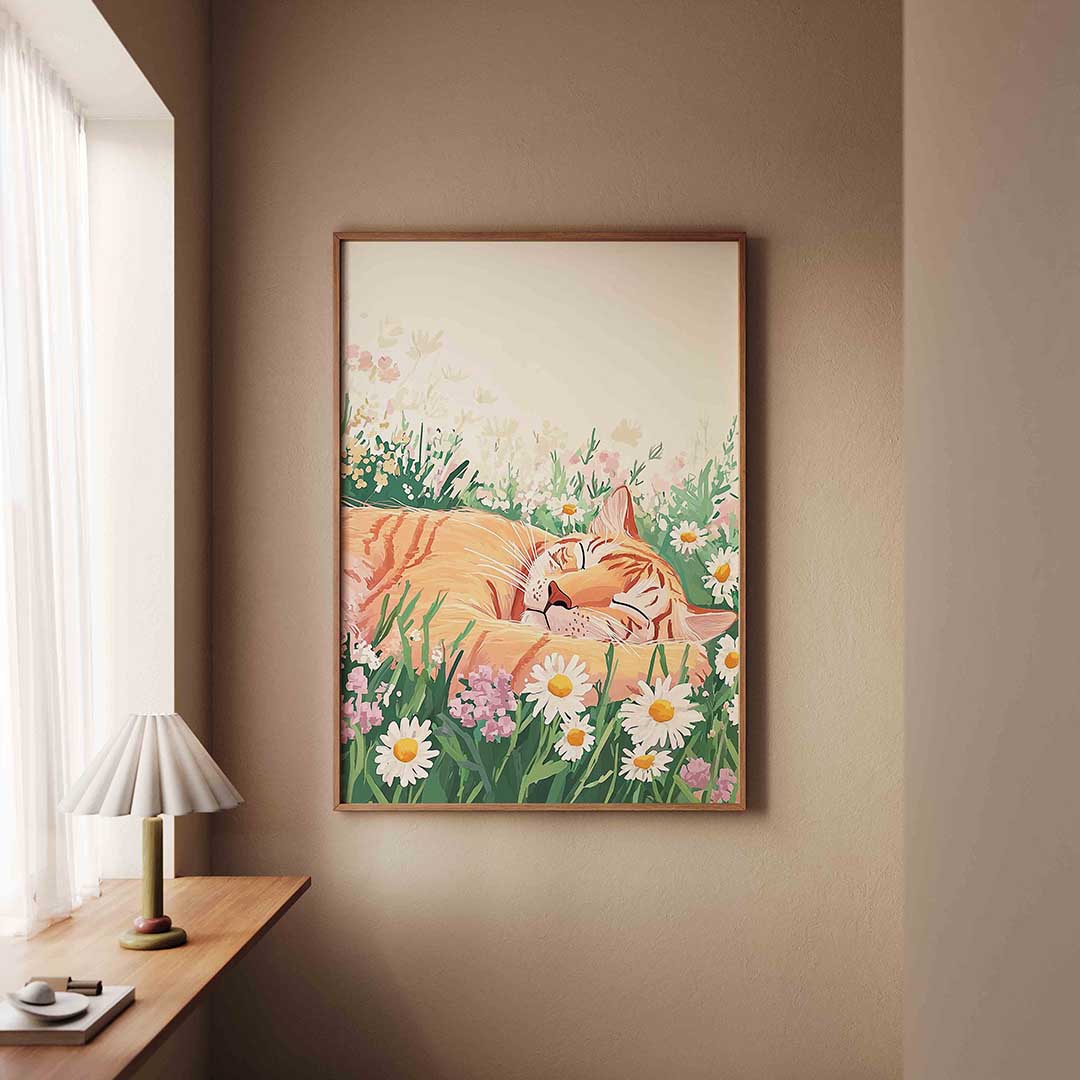 Slapende kat in bloemen Poster