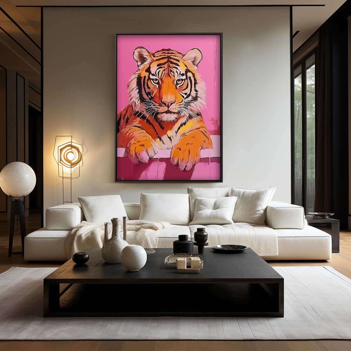 Badende Tijger op Roze Achtergrond Kunstwerk-canvas-dibond-plexiglas-wanddecoratie-WallArtistic
