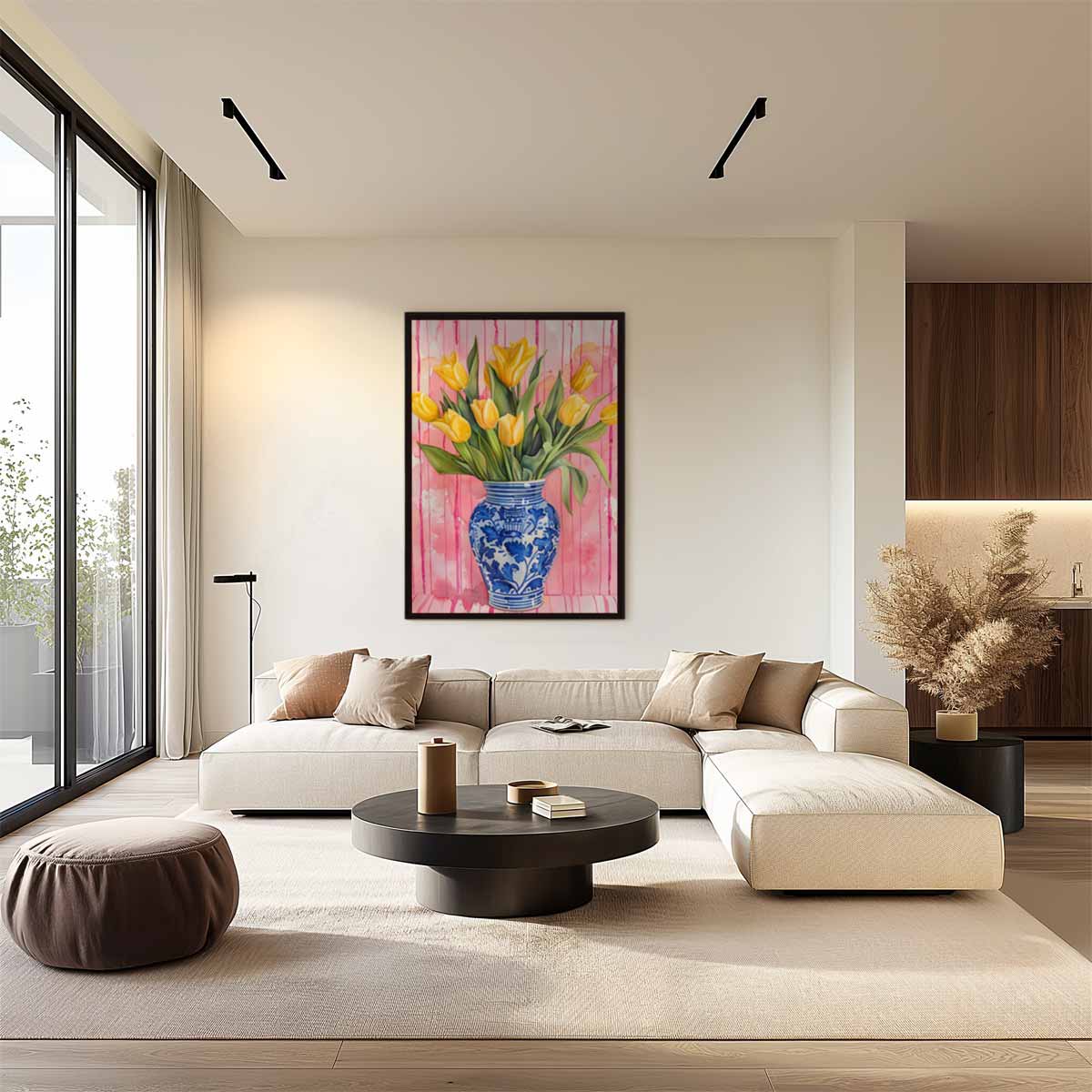Vrolijke Gele Tulpen in Delfts Blauwe Vaas Kunstwerk-canvas-dibond-plexiglas-wanddecoratie-WallArtistic