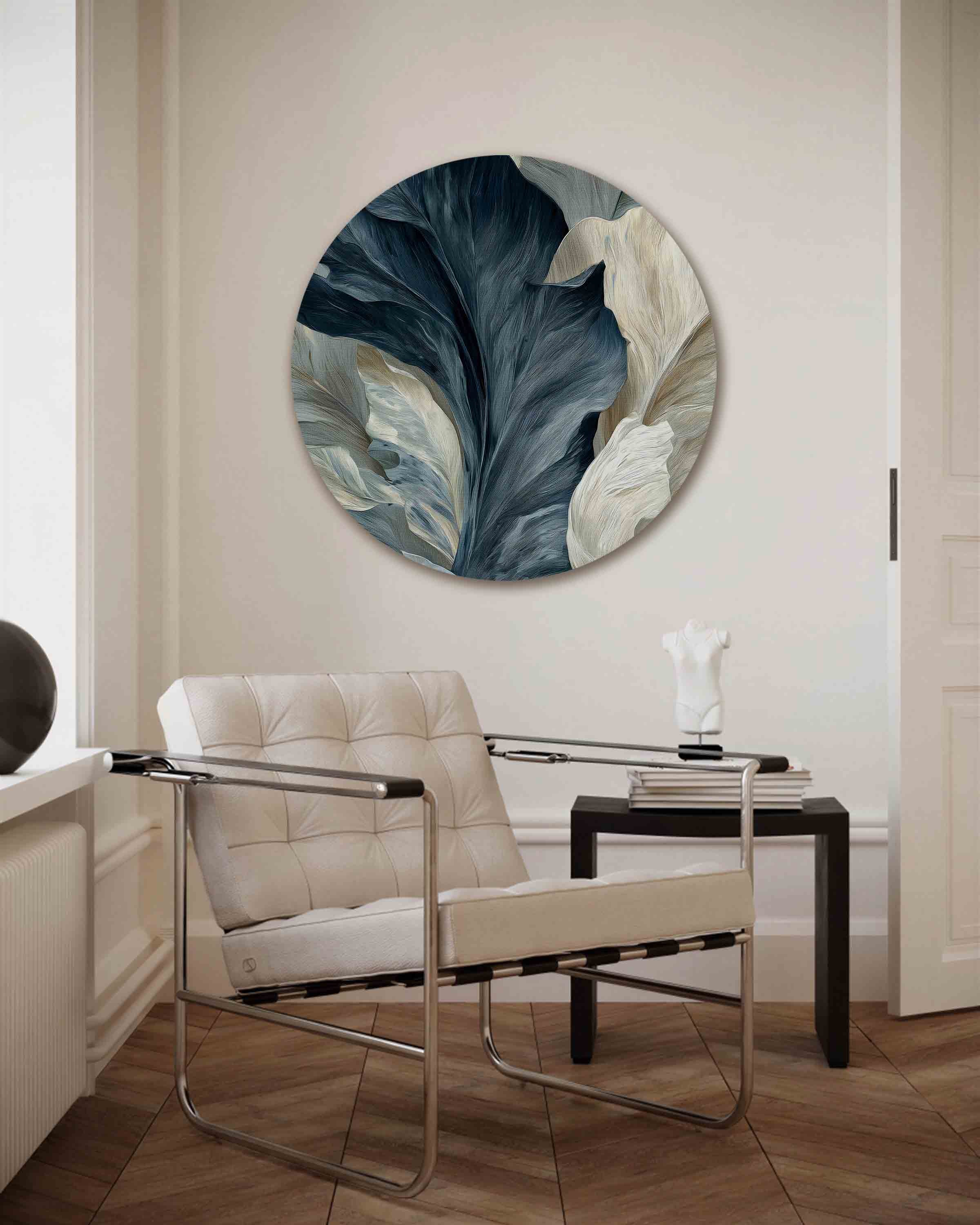 Bladeren in blauw en beige Muurcirkel