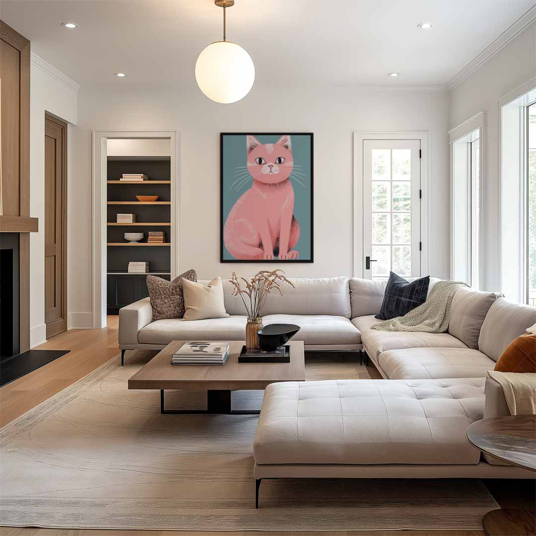 Roze Kat Illustratie Kunstwerk-canvas-dibond-plexiglas-wanddecoratie-WallArtistic
