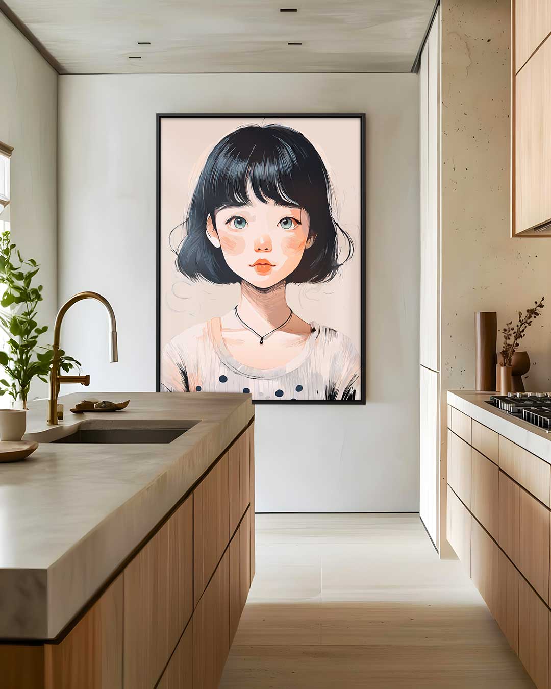Meisje met Zwarte Boblijn Kunstwerk-canvas-dibond-plexiglas-wanddecoratie-WallArtistic