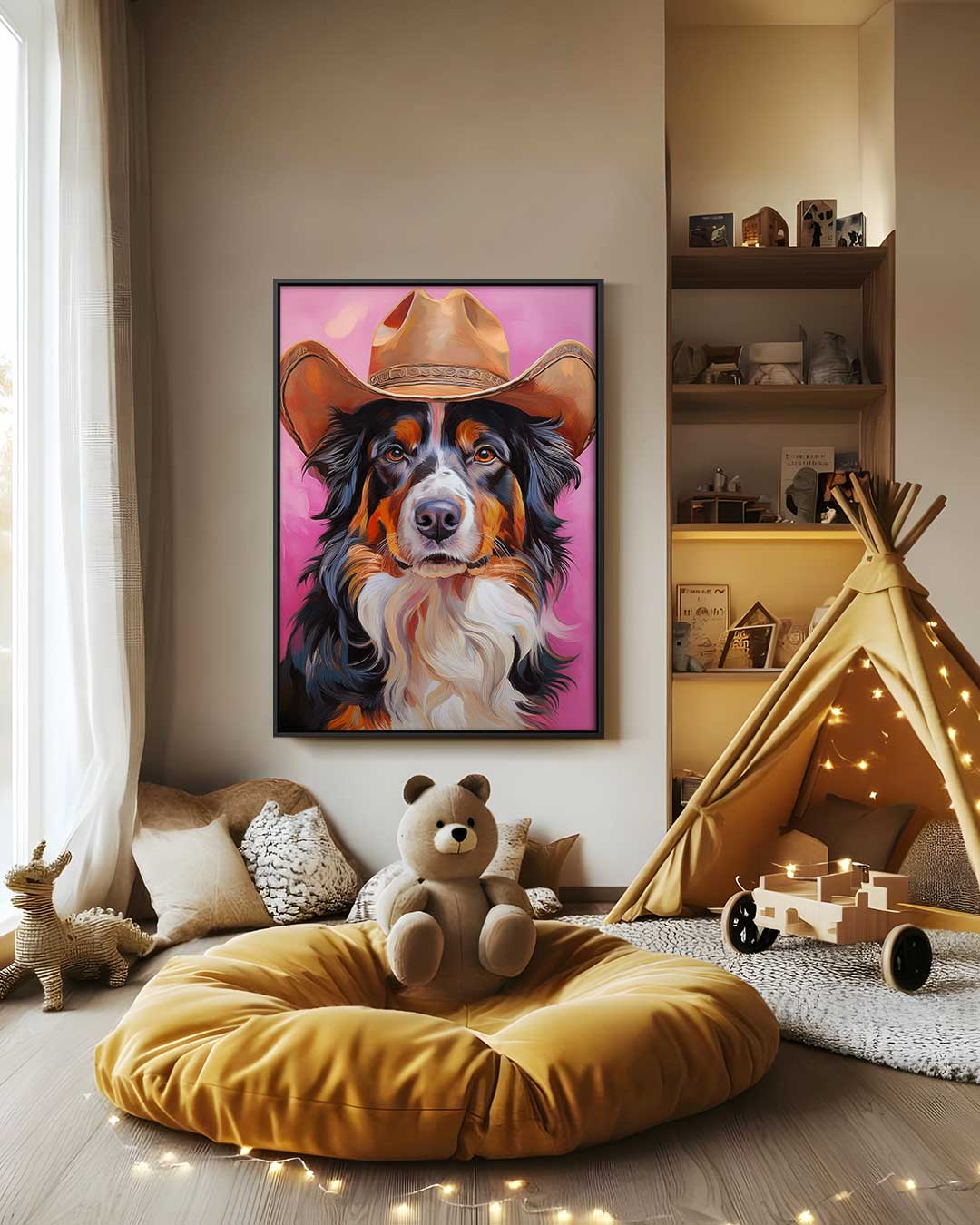 Cowboy Hond Portret Kunstwerk-canvas-dibond-plexiglas-wanddecoratie-WallArtistic