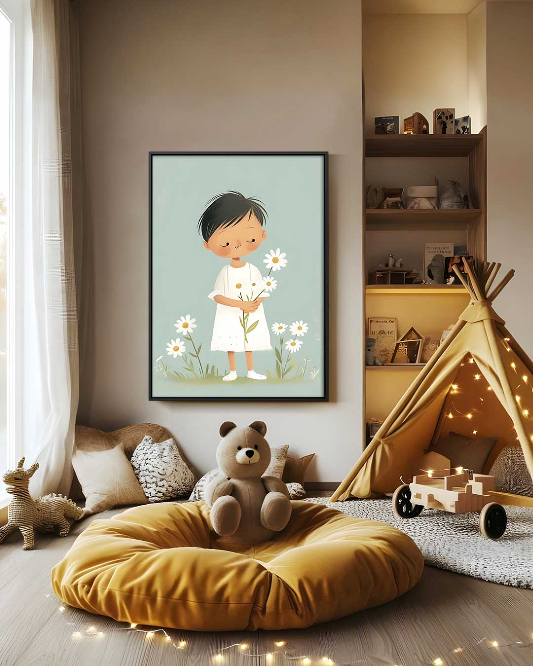 Dromerig Kind met Madeliefjes Kunstwerk-canvas-dibond-plexiglas-wanddecoratie-WallArtistic