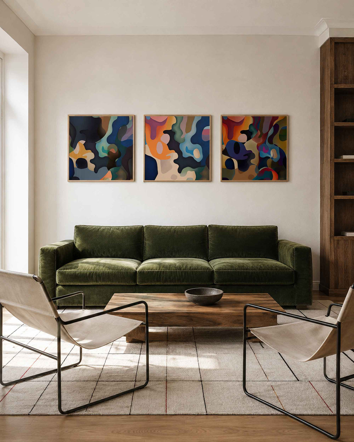 Interieurpresentatie van een driedelige vierkante posterset met abstracte vormen