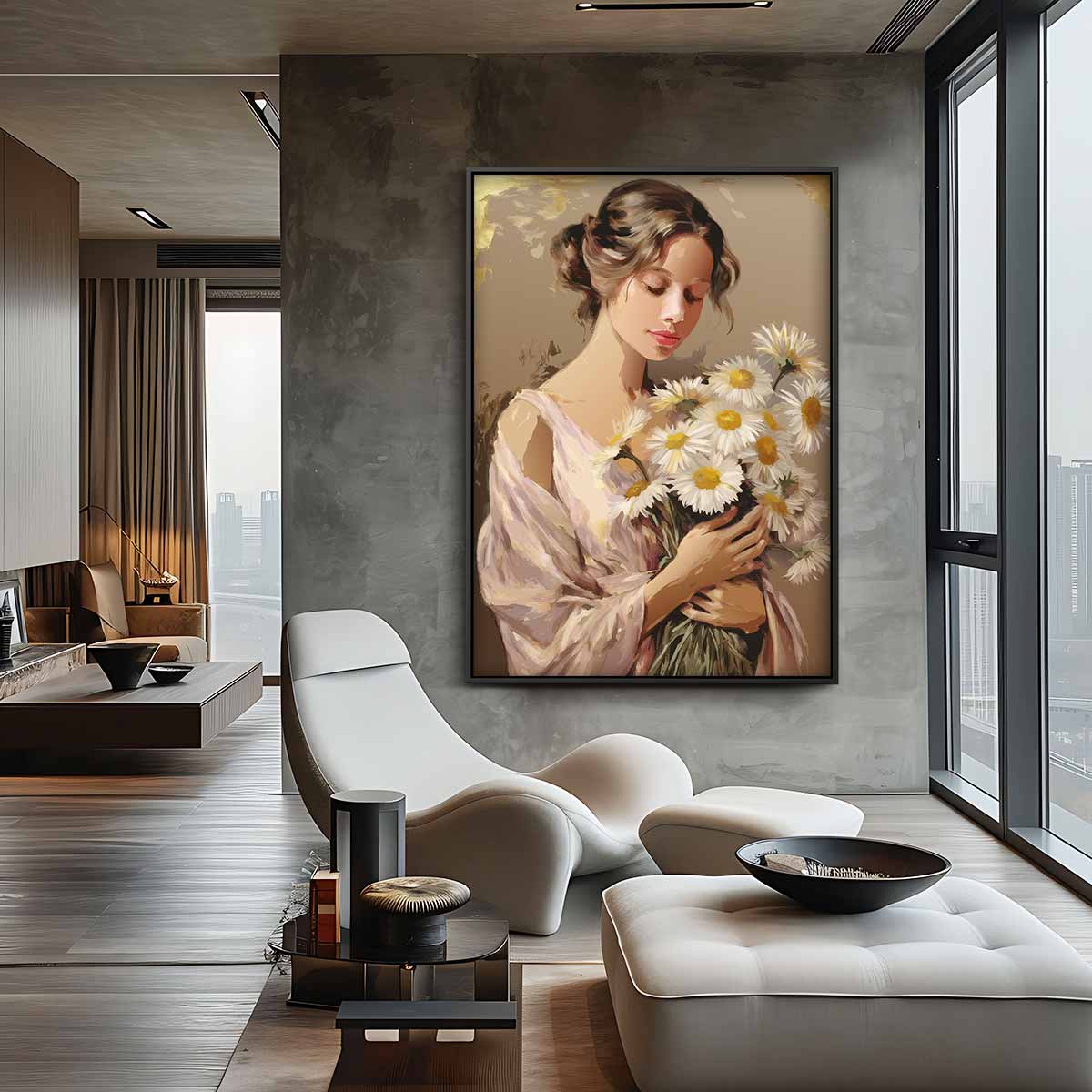 Vrouw met Madeliefjes Kunstwerk-canvas-dibond-plexiglas-wanddecoratie-WallArtistic