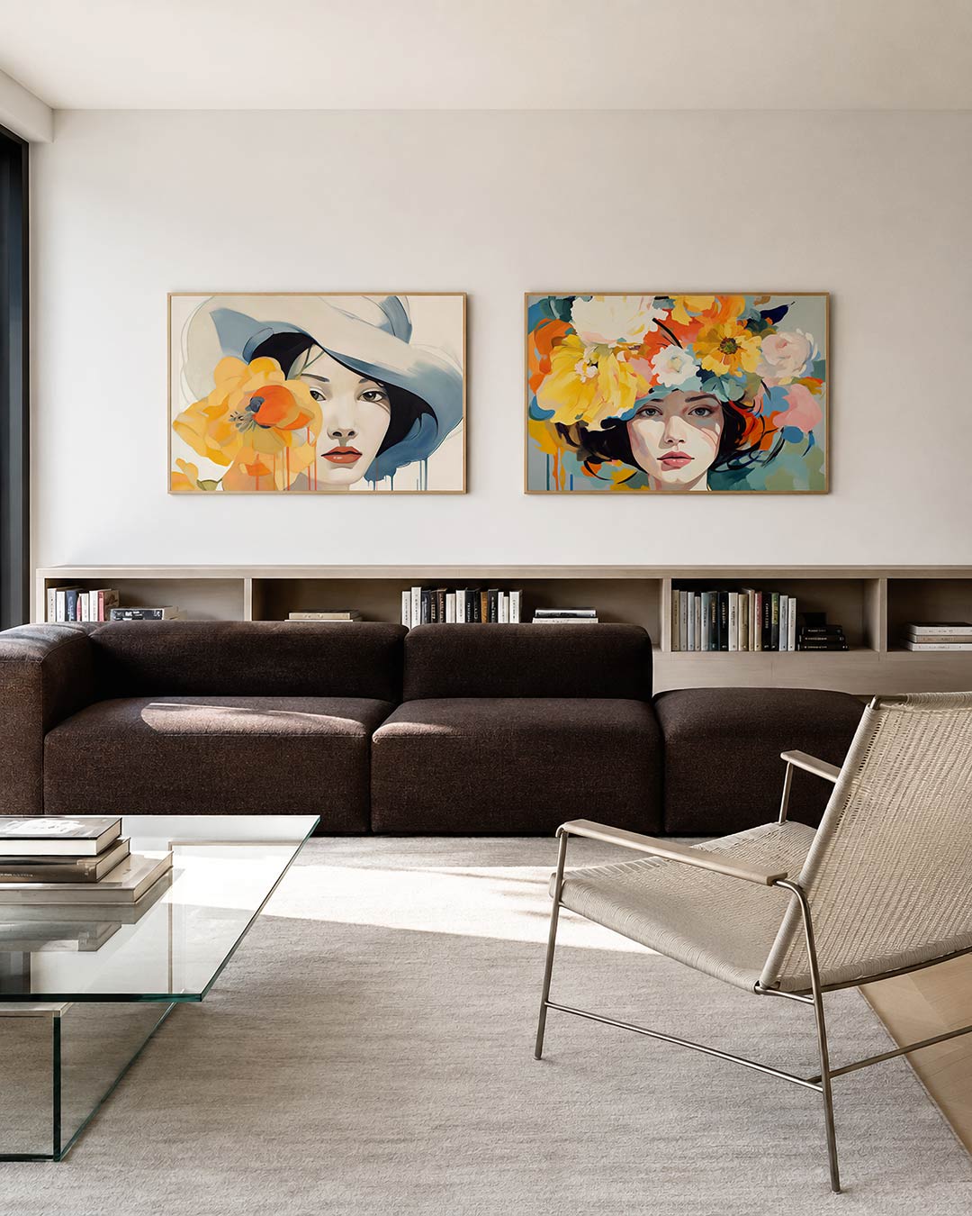 Tweedelige posterset met een gezicht met een grote hoed en een bloem, getoond in een interieur