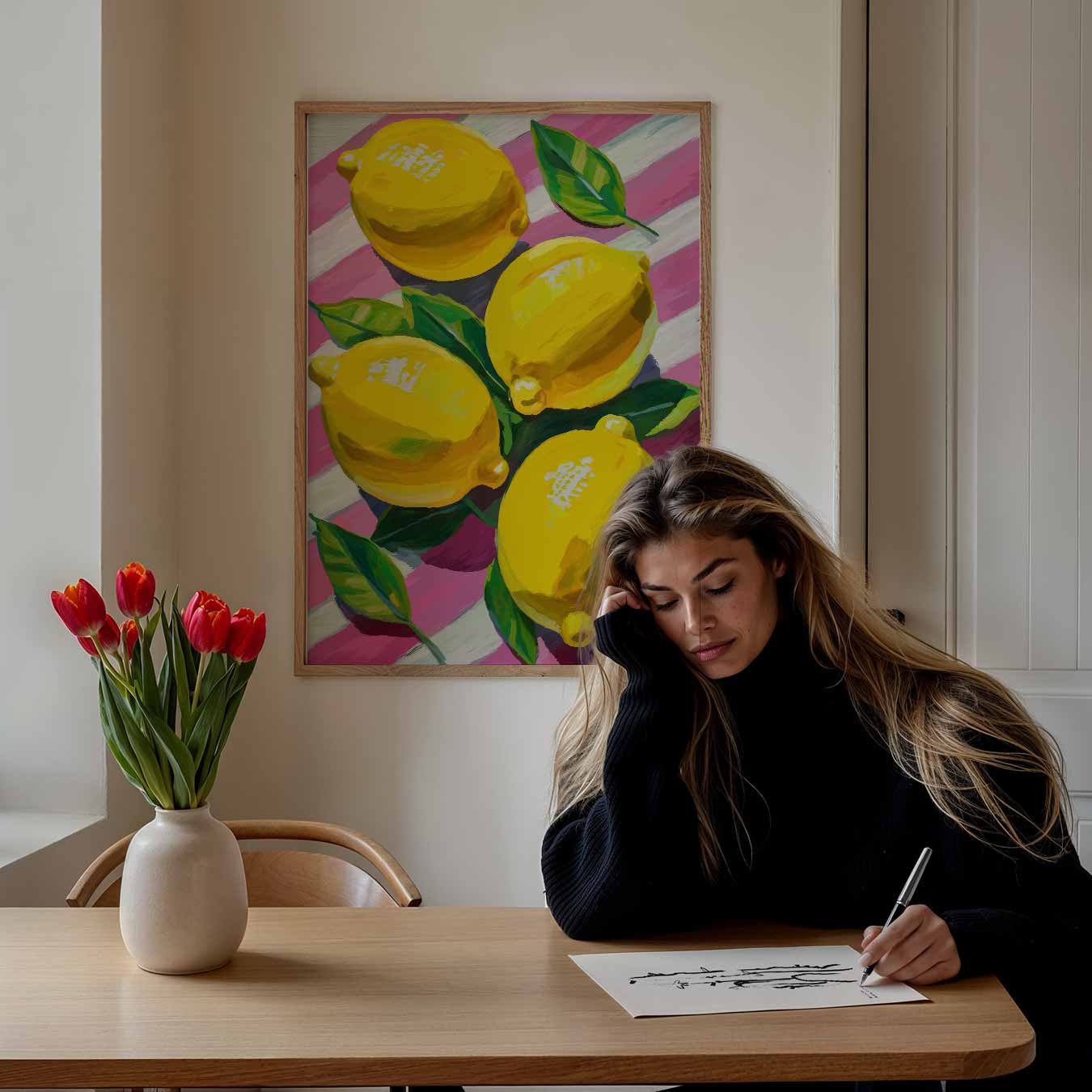 Vrolijke Citroenen op Roze Strepen Poster