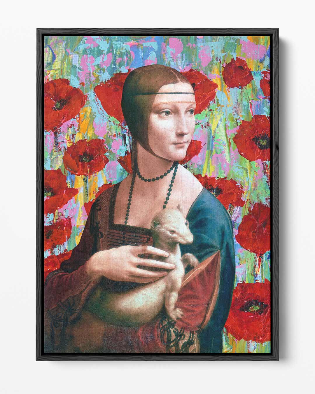 Vrouw met Wezel en Rode Bloemen Kunstwerk-canvas-dibond-plexiglas-wanddecoratie-WallArtistic