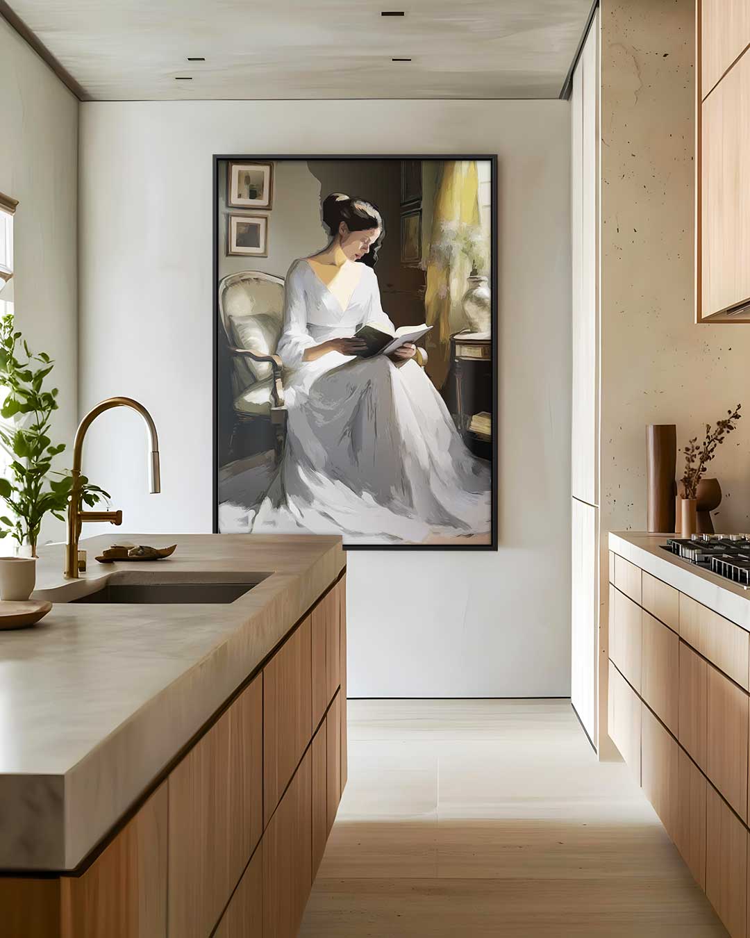 Vrouw Lezend in de Zonnestraal Kunstwerk-canvas-dibond-plexiglas-wanddecoratie-WallArtistic