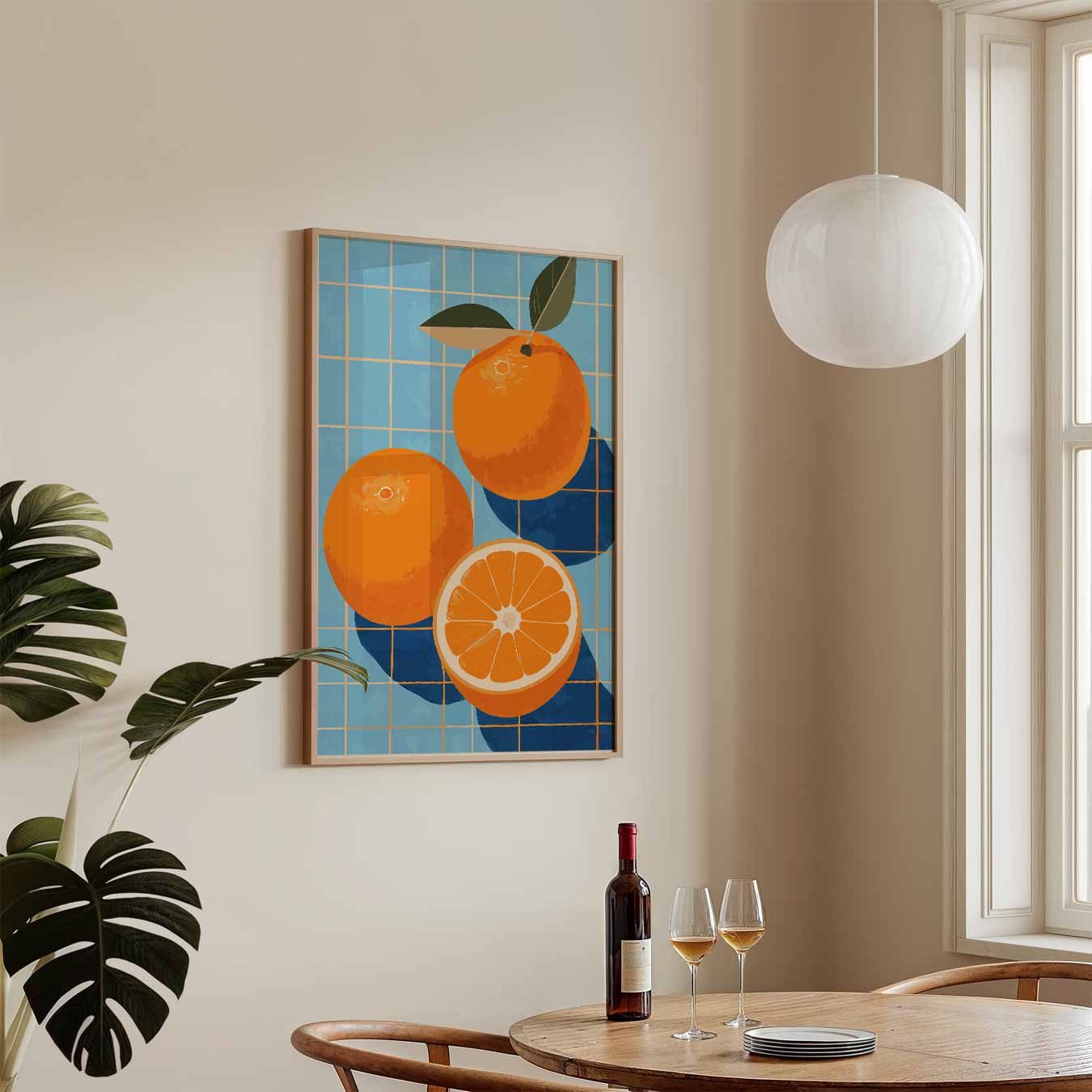 Zonnige Sinaasappels op Blauwe Tegels Poster