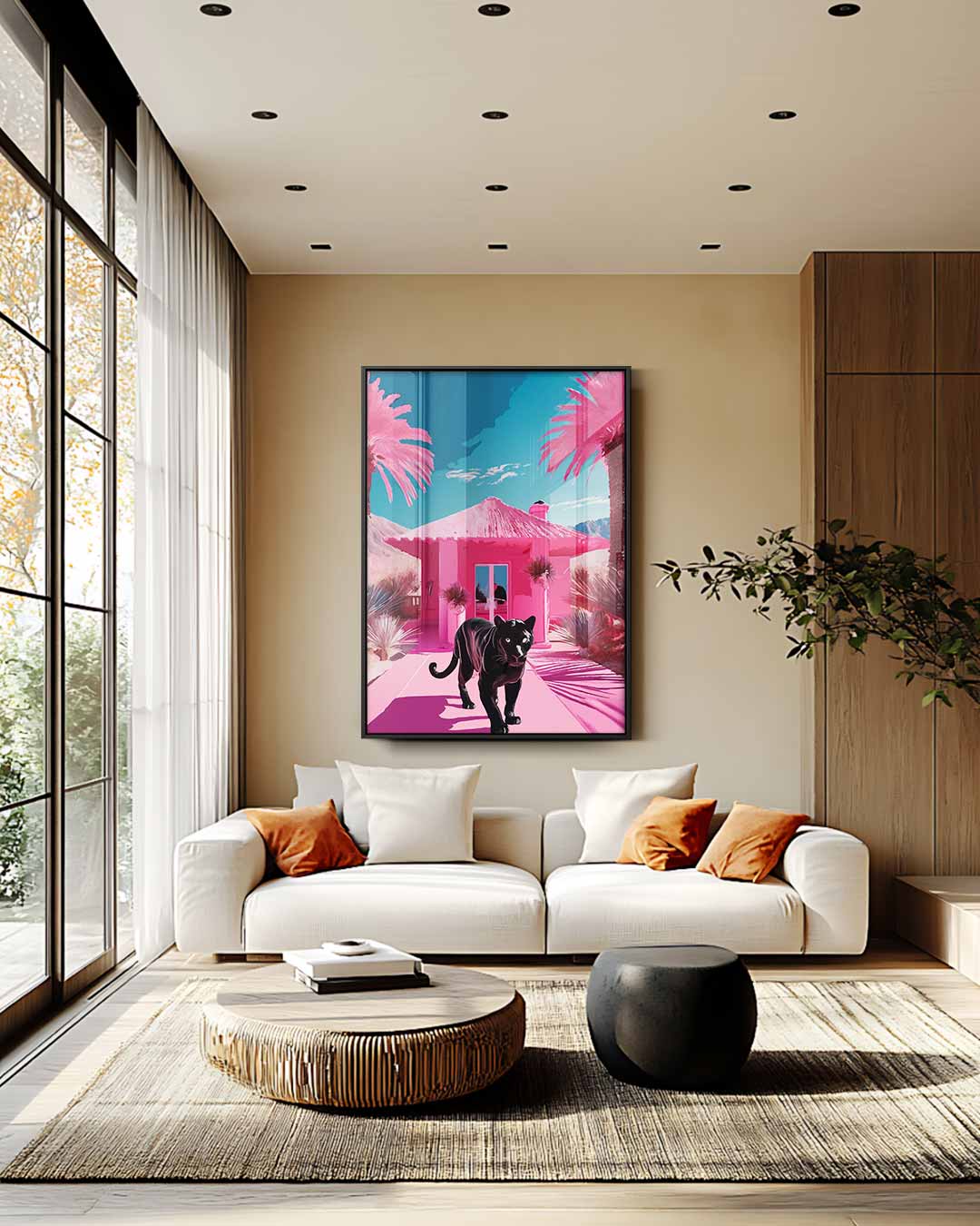 Panther in een Roze Paradijs Kunstwerk-canvas-dibond-plexiglas-wanddecoratie-WallArtistic