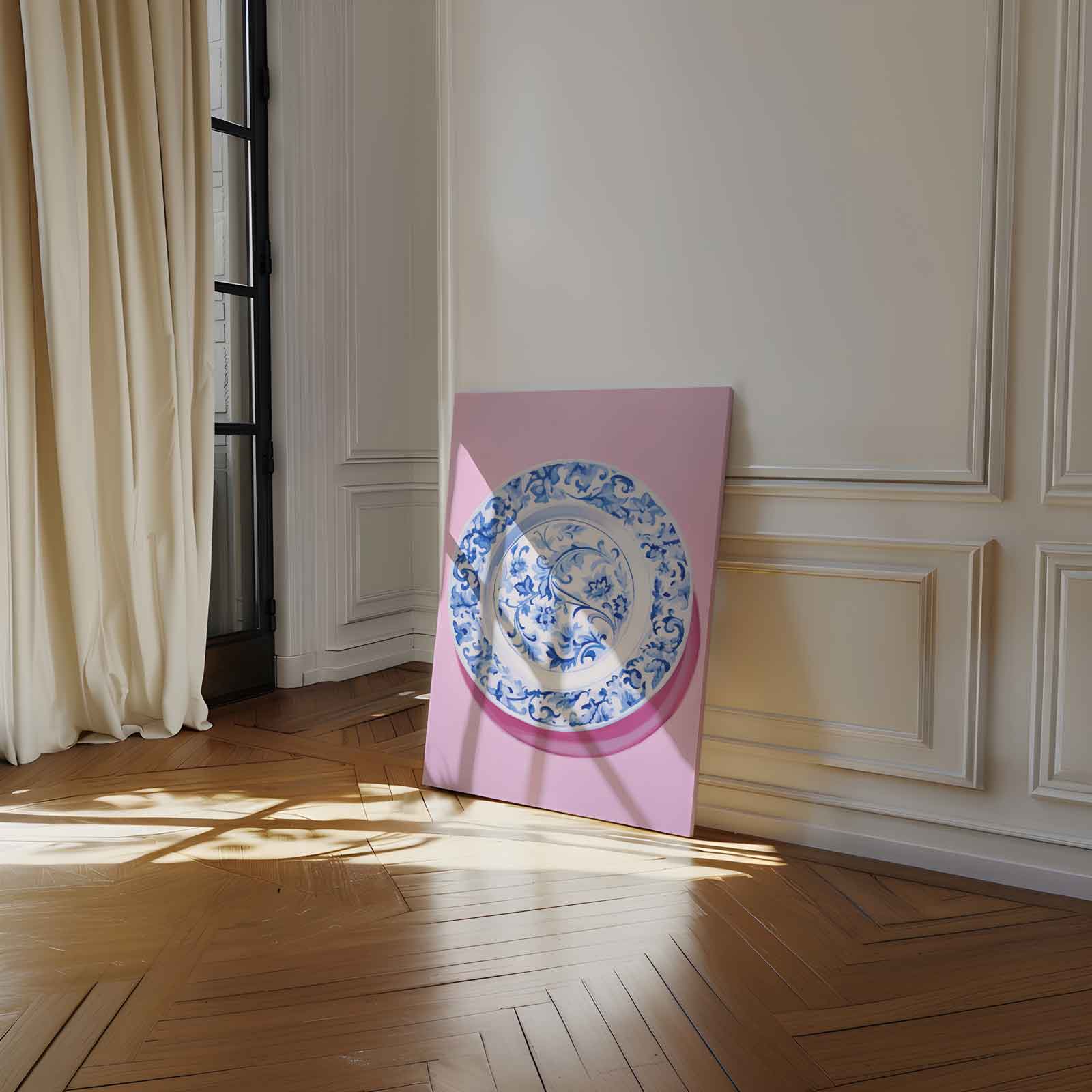 Blauwe Bloemenpracht op Roze Kunstwerk-canvas-dibond-plexiglas-wanddecoratie-WallArtistic