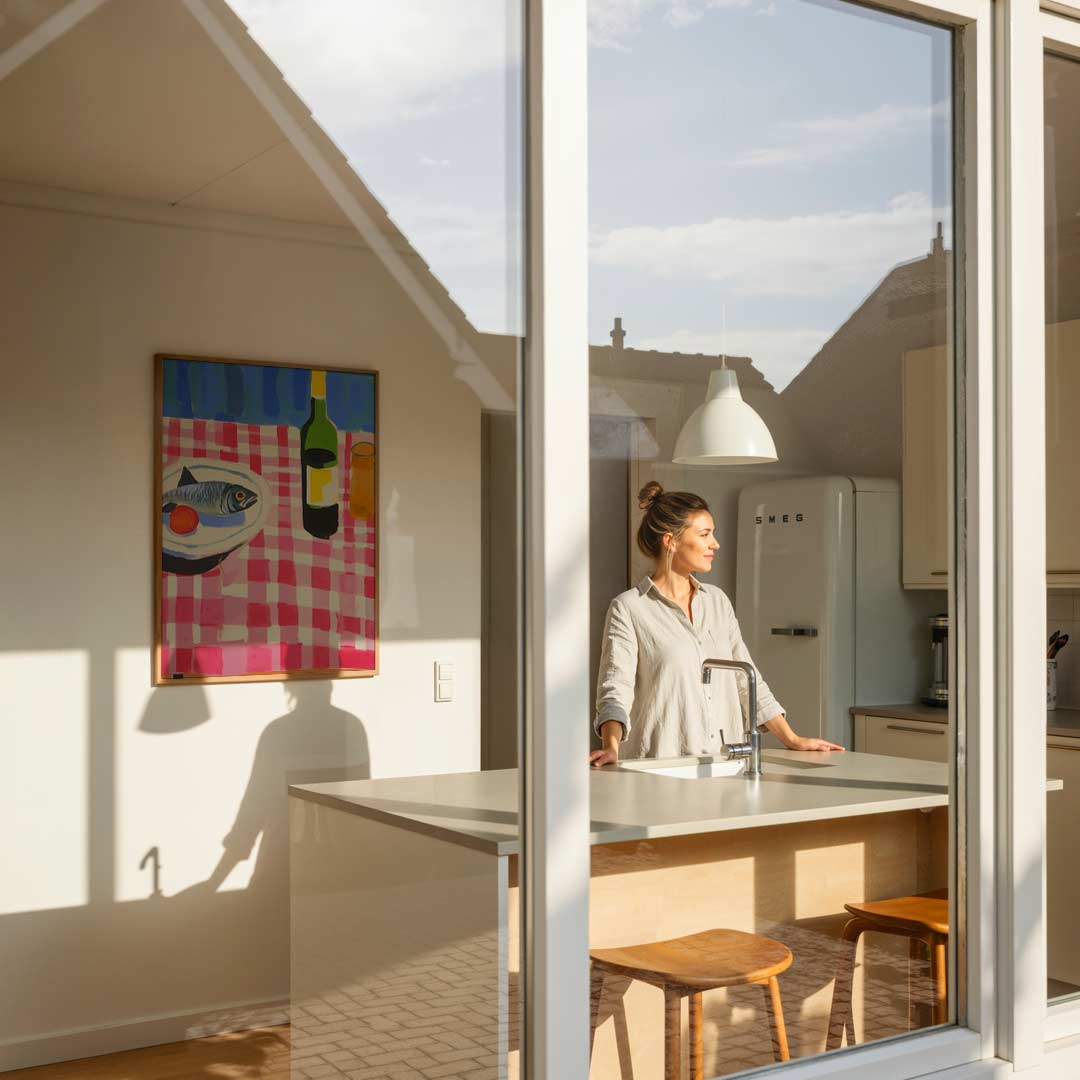 Vrolijke Keukenscène met Vis en Wijn Poster-WallArtistic