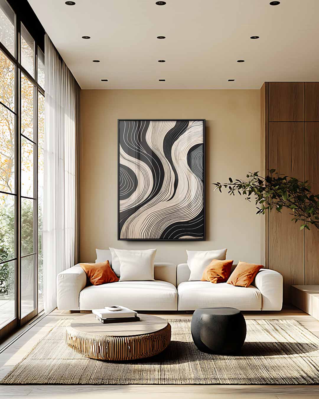 Golvende Lijnen Op Zwart Kunstwerk-canvas-dibond-plexiglas-wanddecoratie-WallArtistic