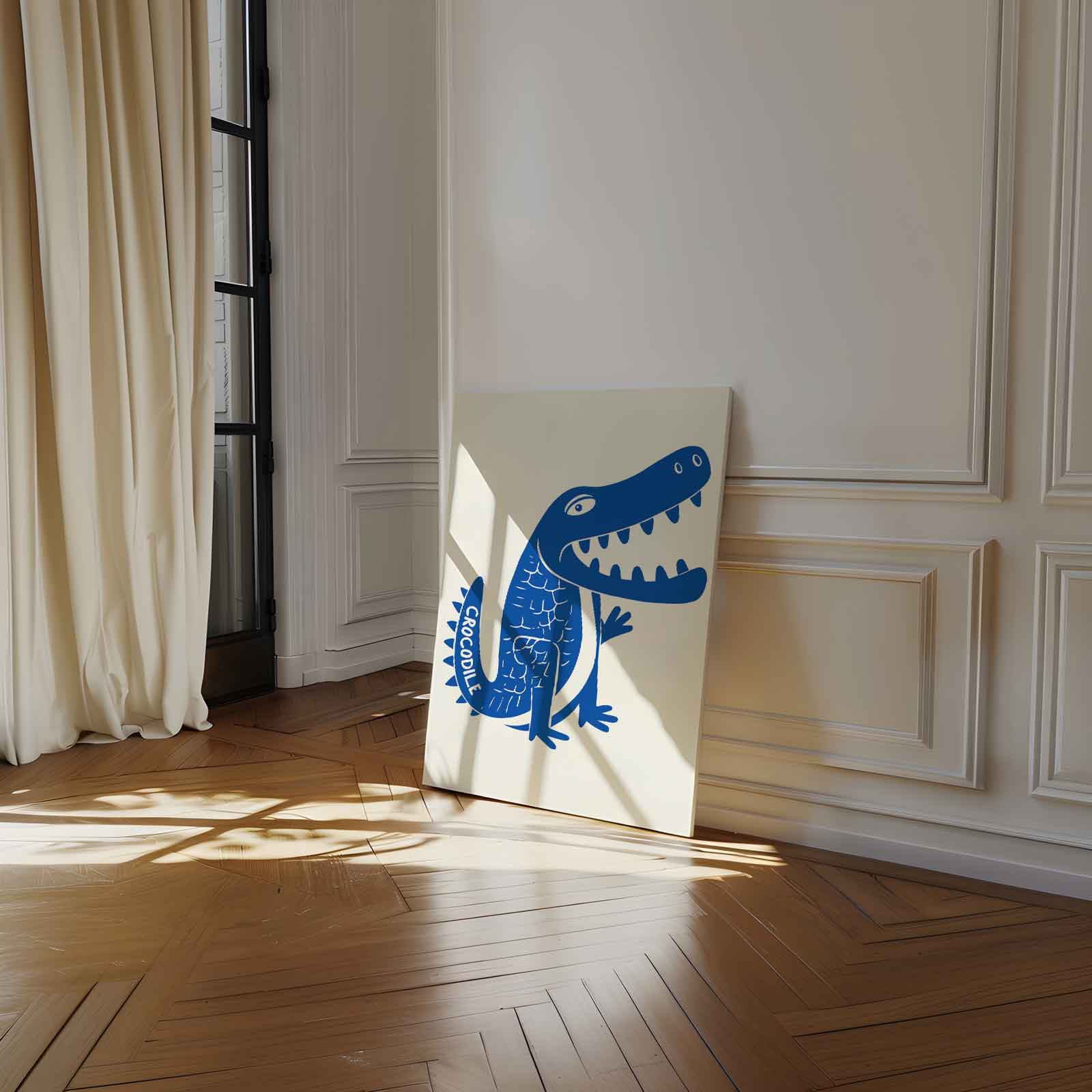 Speelse Blauwe Krokodil Illustratie Kunstwerk-canvas-dibond-plexiglas-wanddecoratie-WallArtistic