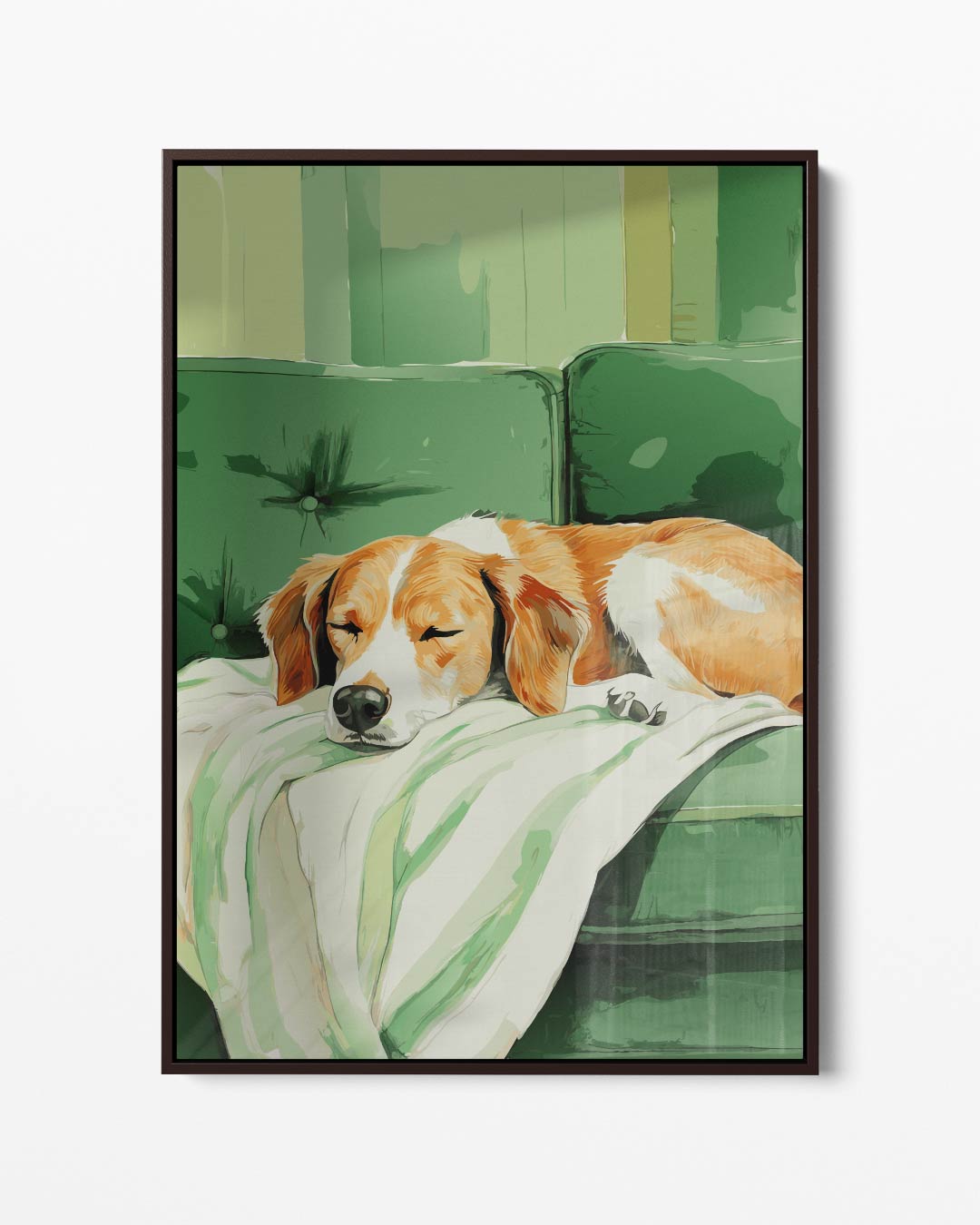 Snoezige Hond op Groen Bankje Kunstwerk-canvas-dibond-plexiglas-wanddecoratie-WallArtistic