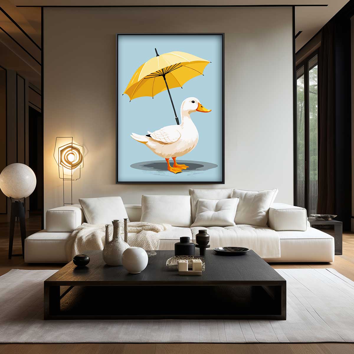 Eend onder Paraplublad Kunstwerk-canvas-dibond-plexiglas-wanddecoratie-WallArtistic