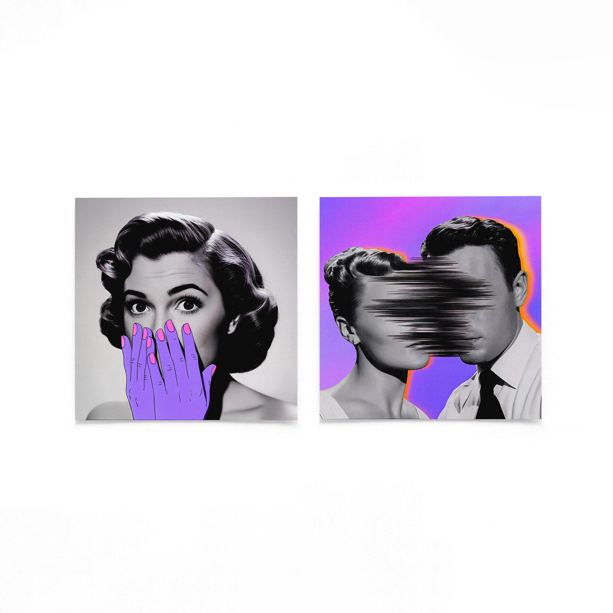 Twee vierkante posters met portretten en neon op een gebroken witte achtergrond