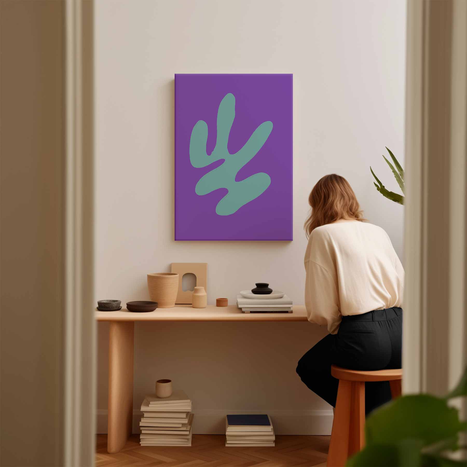 Abstracte Blauwe Vormen op Paars Kunstwerk-canvas-dibond-plexiglas-wanddecoratie-WallArtistic