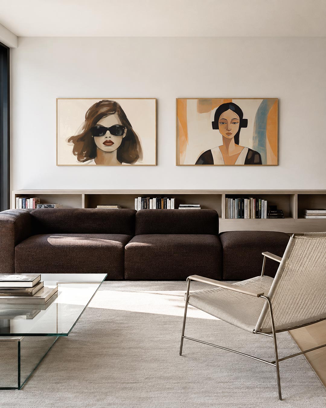 Tweedelige posterset met een vrouw met donkere zonnebril en volle lippen, getoond in een interieur