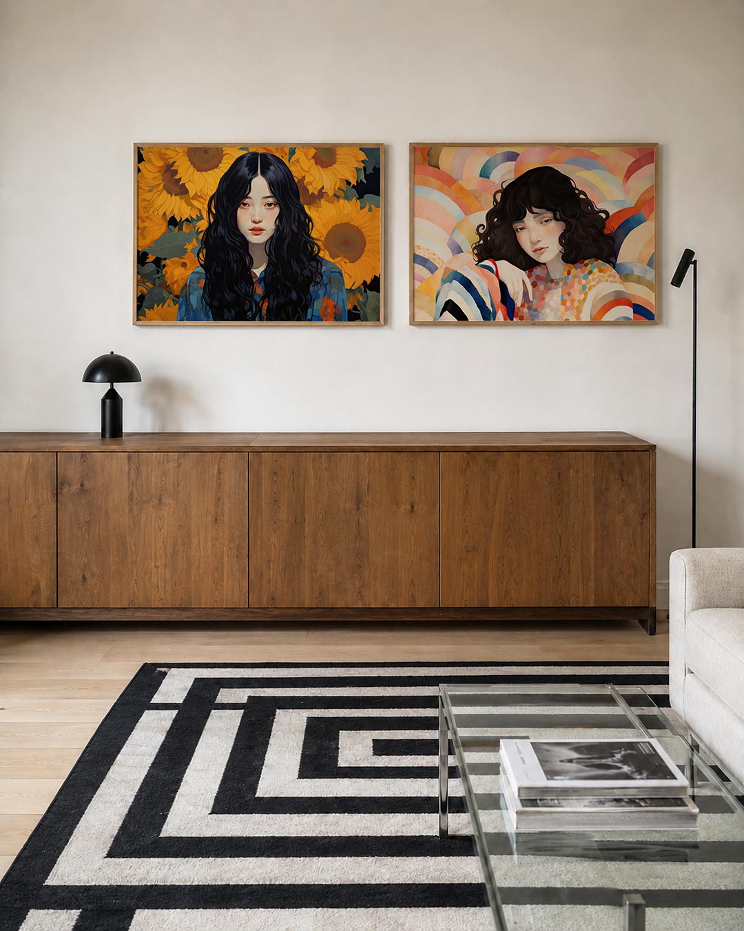 Tweedelige posterset met een vrouw met donkere golvende haren centraal, getoond in een interieur