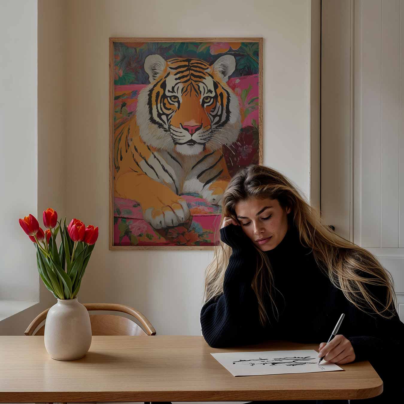 Kleurrijke Tijger op Bloemenbank Poster