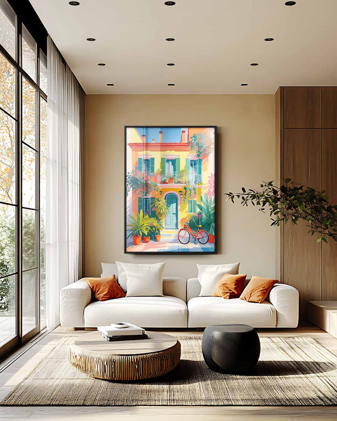 Zomerse gevel met fiets Kunstwerk-canvas-dibond-plexiglas-wanddecoratie-WallArtistic