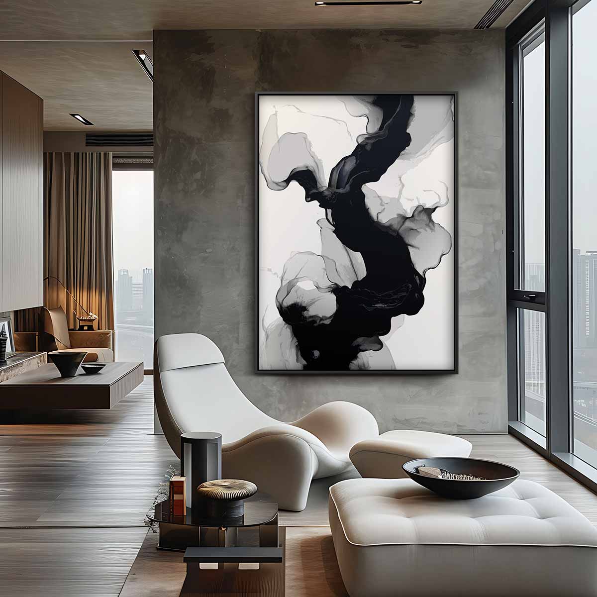 Golvende Zwart-Witte Abstractie Kunstwerk-canvas-dibond-plexiglas-wanddecoratie-WallArtistic