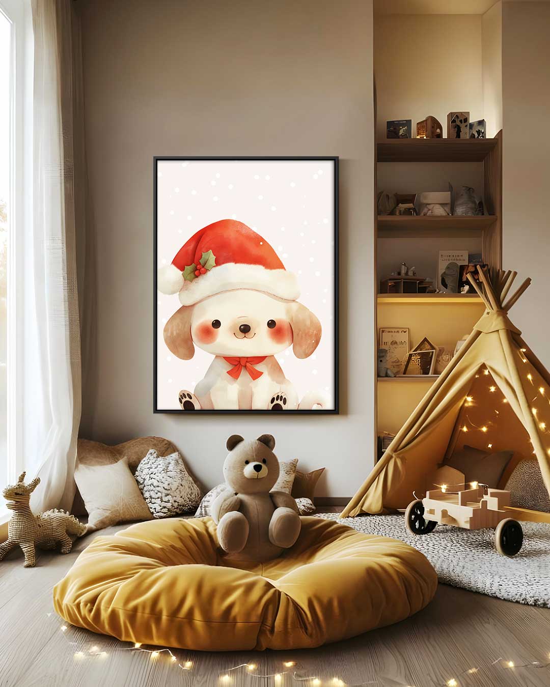 Kerst Puppy Illustratie Kunstwerk-canvas-dibond-plexiglas-wanddecoratie-WallArtistic