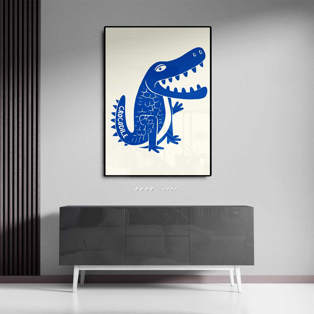Speelse Blauwe Krokodil Illustratie Kunstwerk-canvas-dibond-plexiglas-wanddecoratie-WallArtistic