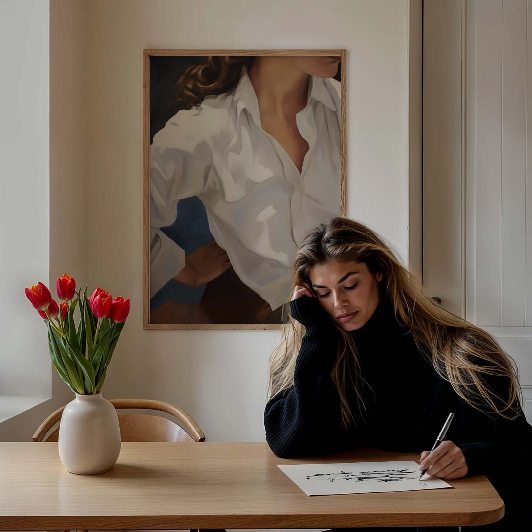 Elegante Vrouw in Witte Blouse Poster-WallArtistic