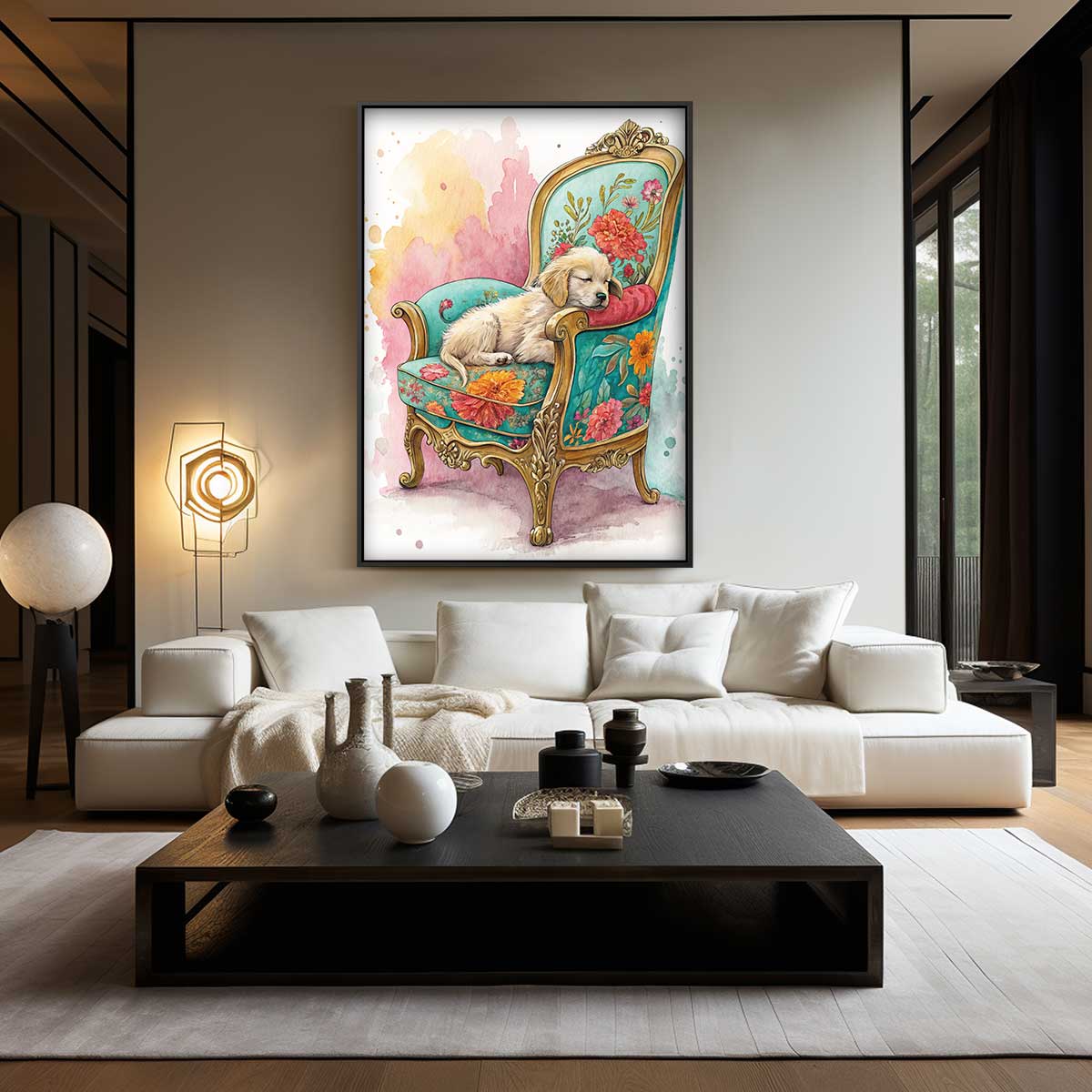 Dromerig Hondje op Bloemenstoel Kunstwerk-canvas-dibond-plexiglas-wanddecoratie-WallArtistic