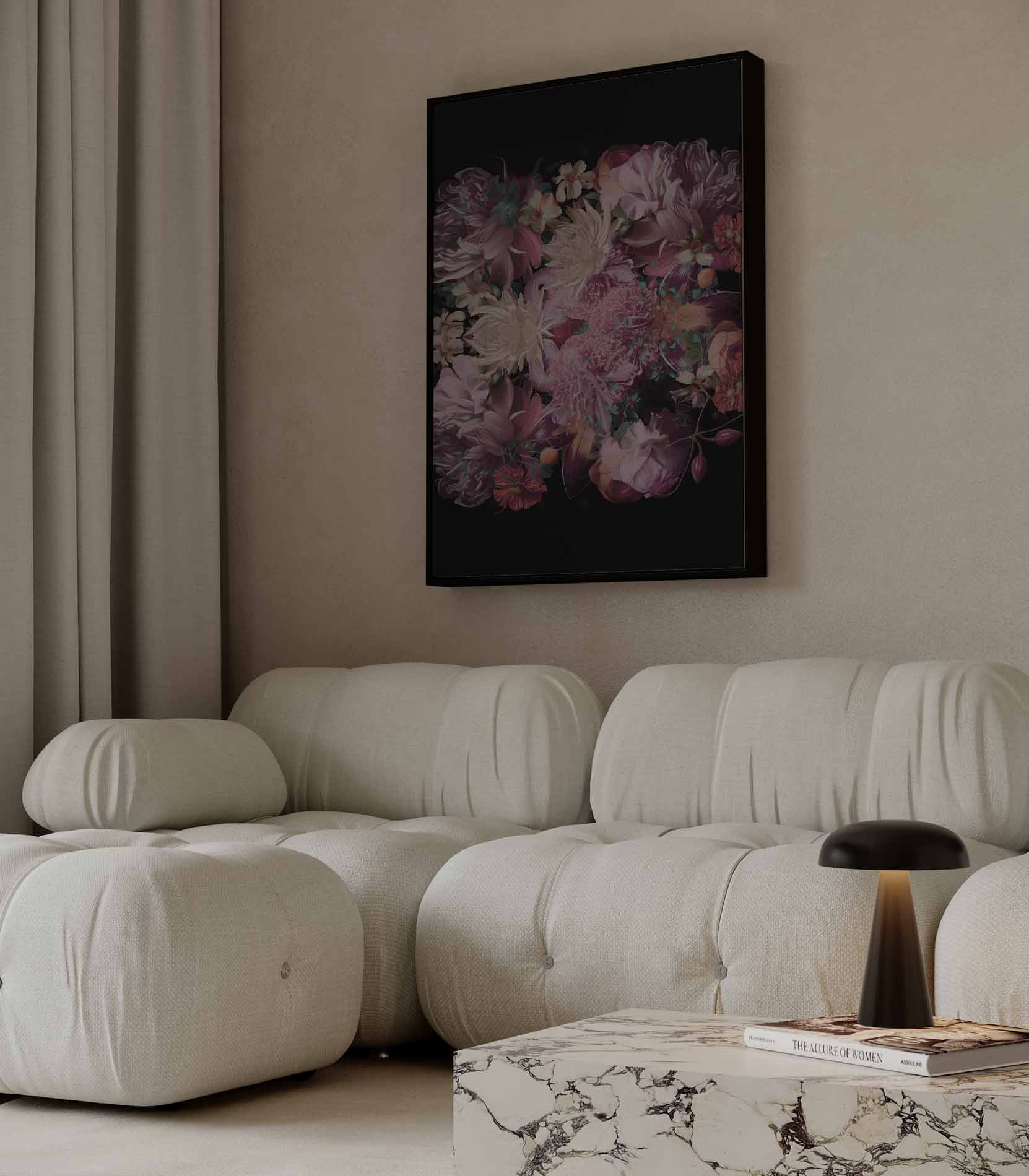 Bloemenpracht op Zwart Kunstwerk-canvas-dibond-plexiglas-wanddecoratie-WallArtistic